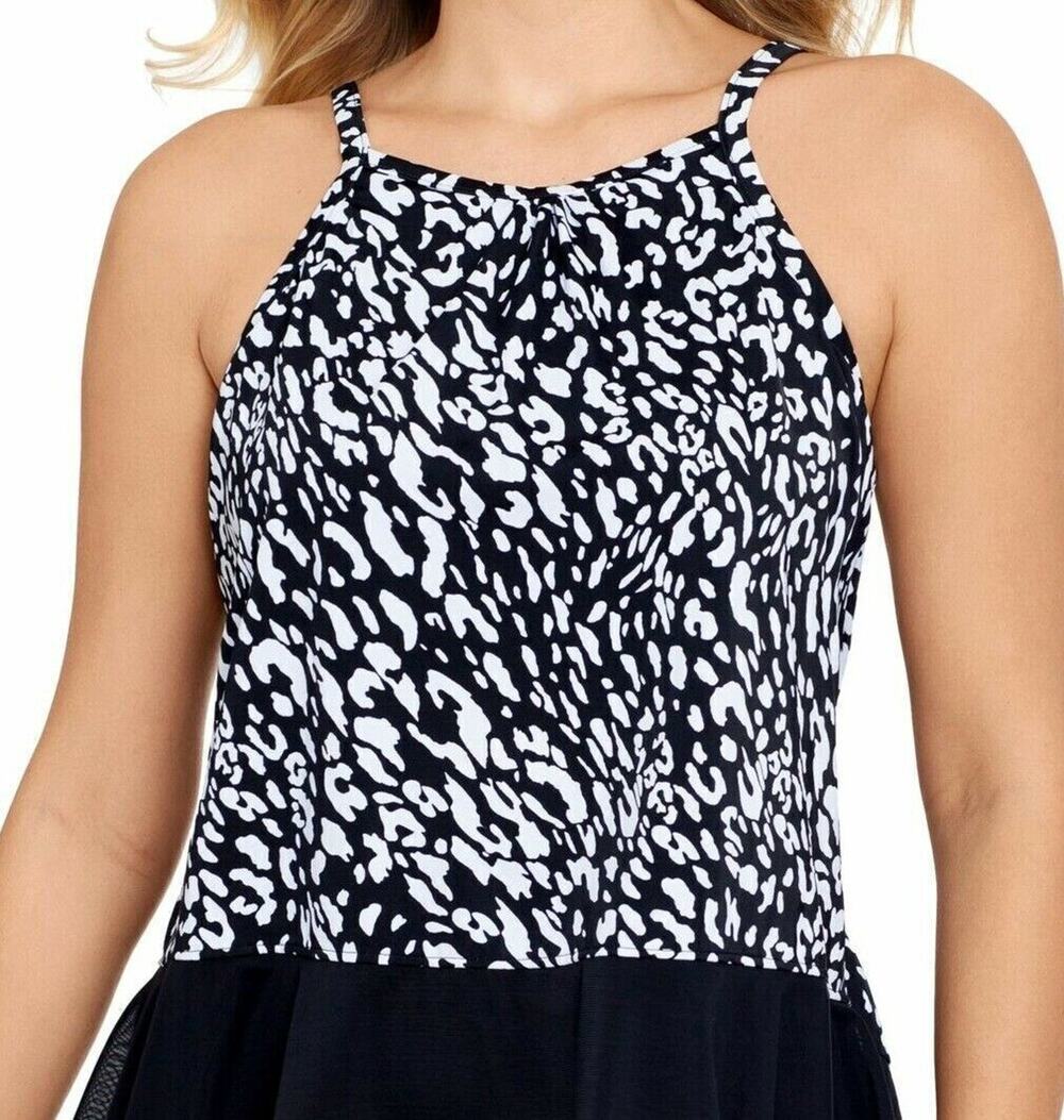 Swim Solutions Black White Animal Print Size 14 Mesh-Hem Printed Tankini Top New